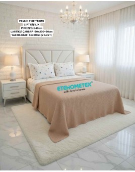 ETEHOMETEX ÇİFT KİŞİLİK %100 PAMUK HAVUZLU PİKE TAKIMI BEJ 8696474232071
